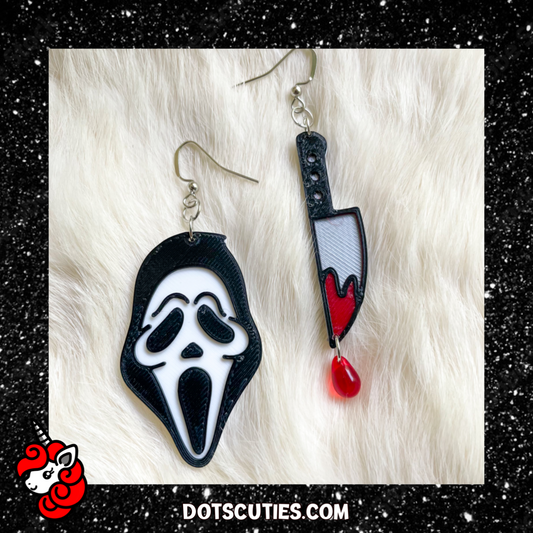 Scream Mask Bloody Knife Combo dangle earrings | October, spooky, scary, occult, goth, Halloween, Horror