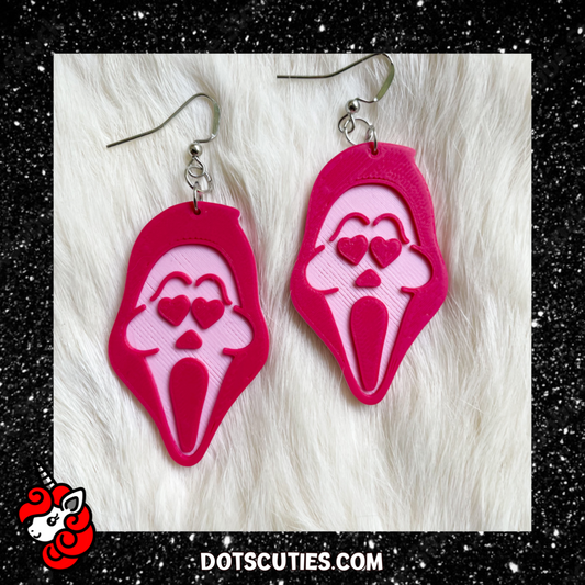 Cute Pink Heart Eyes Scream Mask dangle earrings | October, spooky, scary, occult, goth, Halloween, Horror