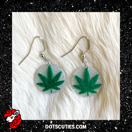 Tiny silver and green cannabis leaf dangle earrings | kitschy, pot leaf, mary jane, marijuana, weed, 420