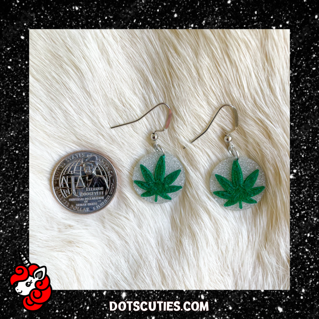 Tiny silver and green cannabis leaf dangle earrings | kitschy, pot leaf, mary jane, marijuana, weed, 420