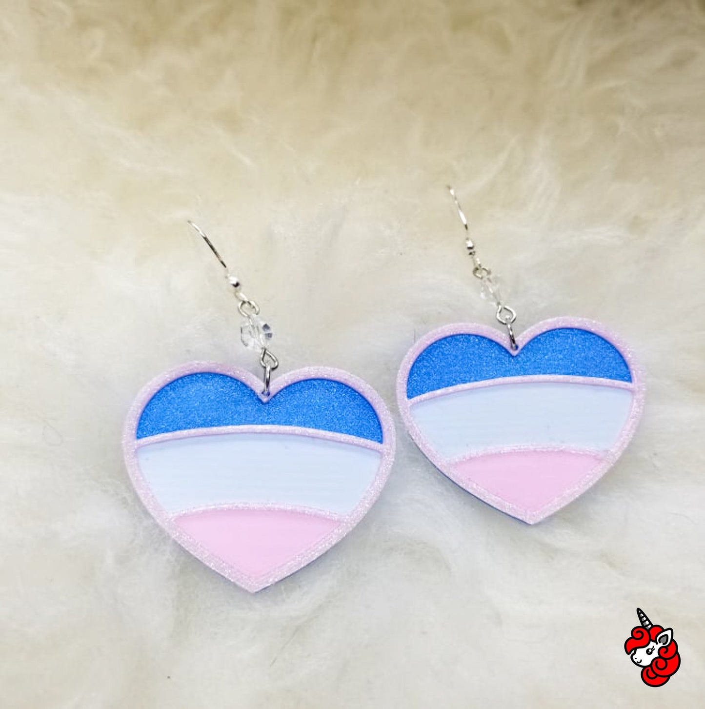 Glitter heart Trans Pride flag dangle earrings  | pink, blue, glitter, cute, Pride, LGBTQIA+ | WHOLESALE