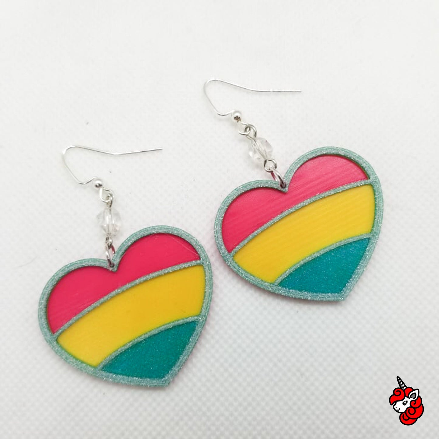 Glitter heart Pansexual Pan Pride flag dangle earrings  | pink, blue, yellow, glitter, cute, Pride, LGBTQIA+ | WHOLESALE