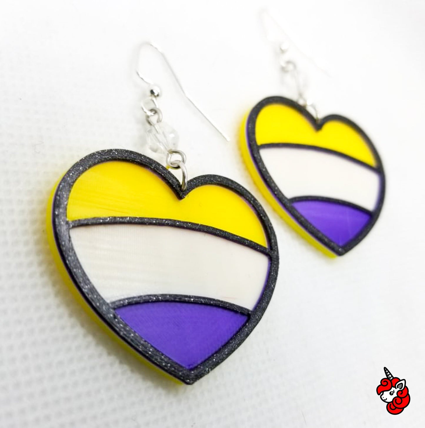 Glitter heart Non-Binary NB ENBY Pride flag dangle earrings  | white, purple, yellow, glitter, cute, Pride, LGBTQIA+ | WHOLESALE