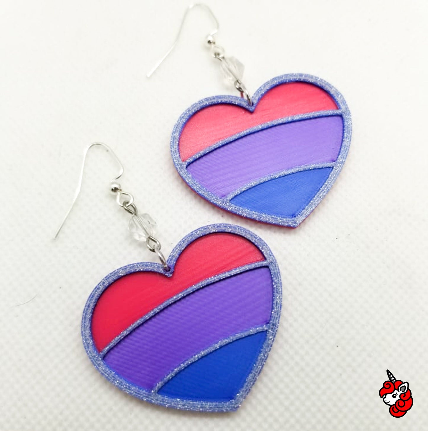 Glitter heart bisexual Bi Pride flag dangle earrings  | pink, blue, purple, glitter, cute, Pride, LGBTQIA+ | WHOLESALE