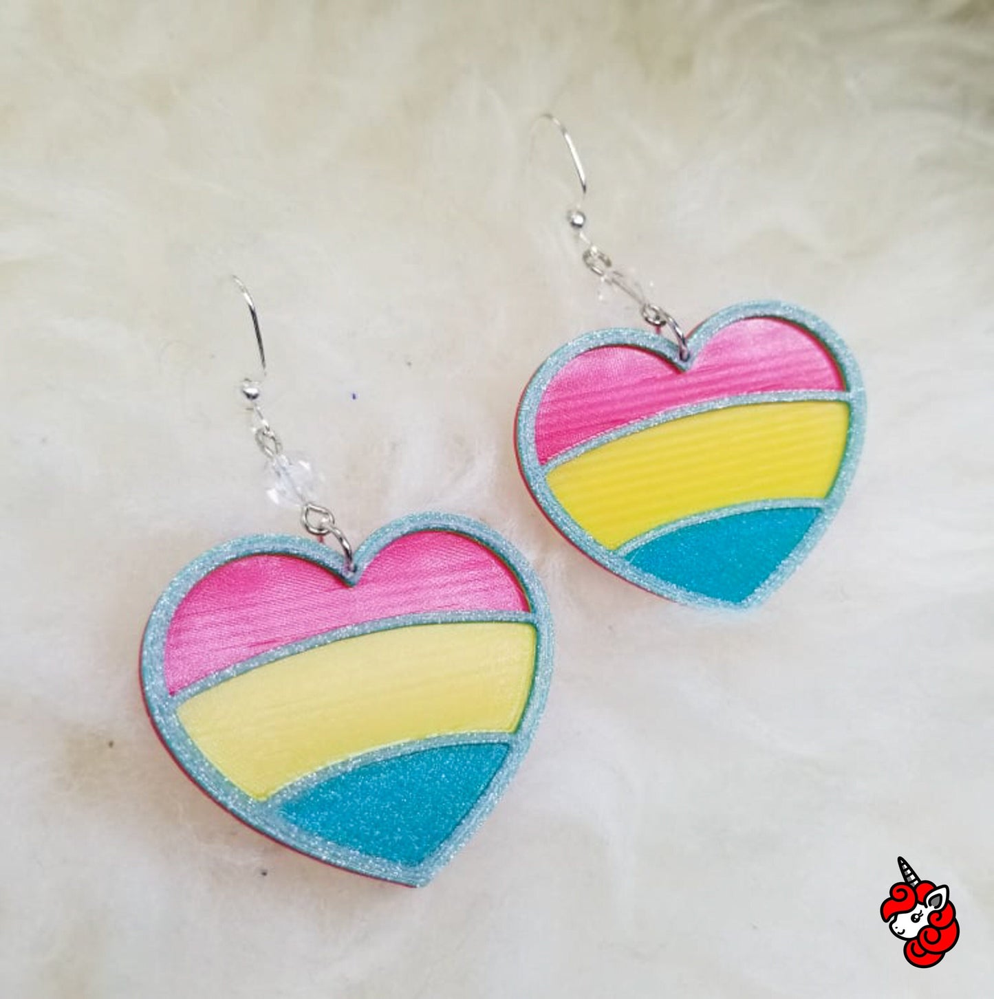 Glitter heart Pansexual Pan Pride flag dangle earrings  | pink, blue, yellow, glitter, cute, Pride, LGBTQIA+ | WHOLESALE