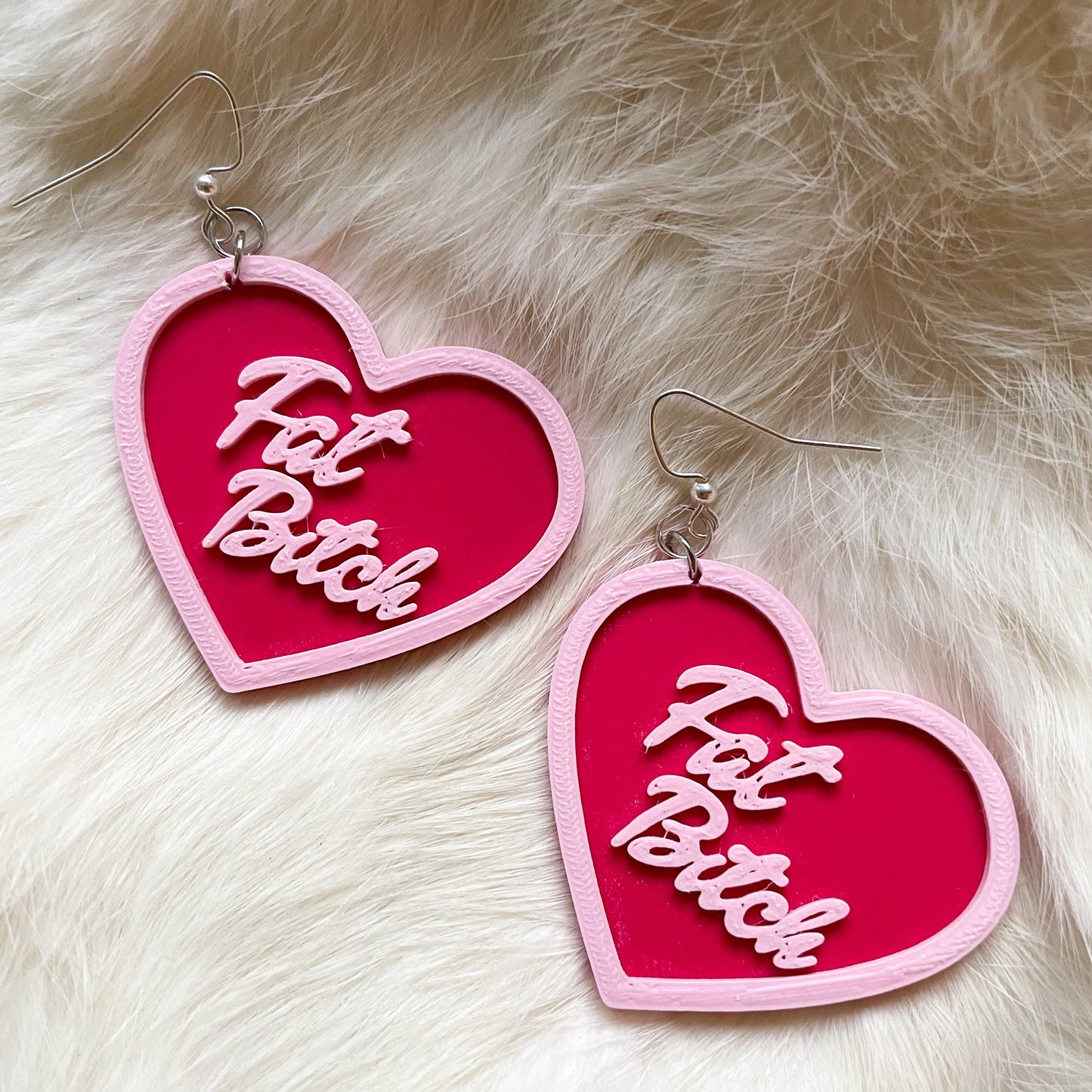 Fat B*tch pink heart dangle earrings | plus size, cute, body positive | WHOLESALE