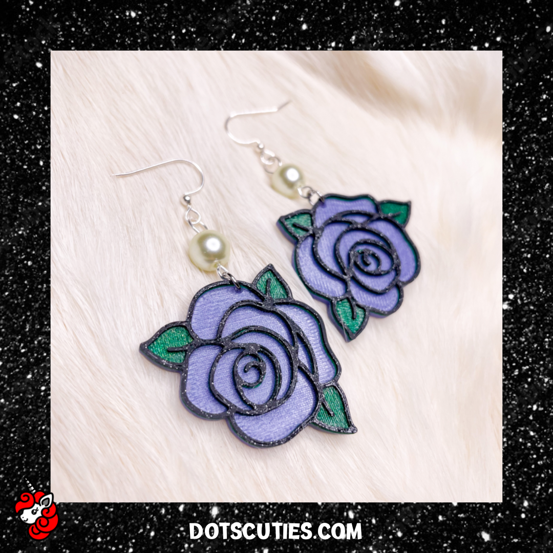 Lavender Periwinkle Glitter Rose dangle earrings | flower, pastel goth, kitschy, cute, purple | WHOLESALE