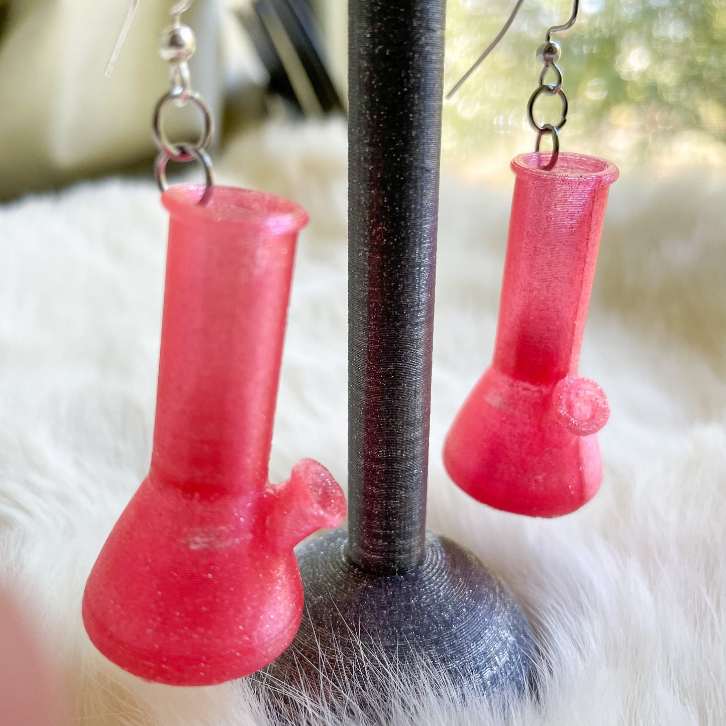 Glitter Pink Bong Water Pipe dangle earrings| kitschy, pot leaf, mary jane, marijuana, weed, 420 | WHOLESALE