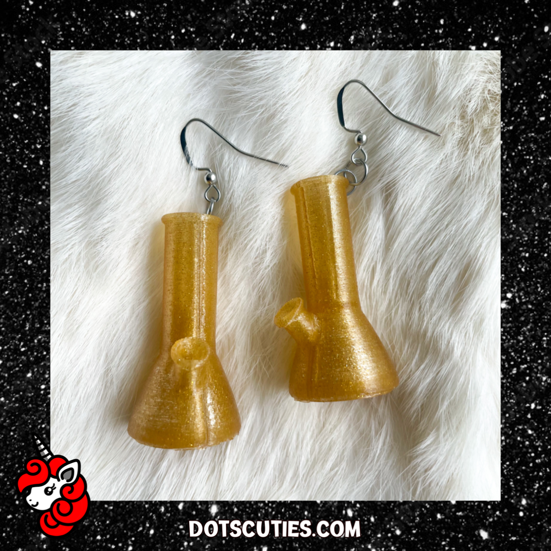 Glitter Gold Bong Water Pipe dangle earrings| kitschy, pot leaf, mary jane, marijuana, weed, 420 | WHOLESALE