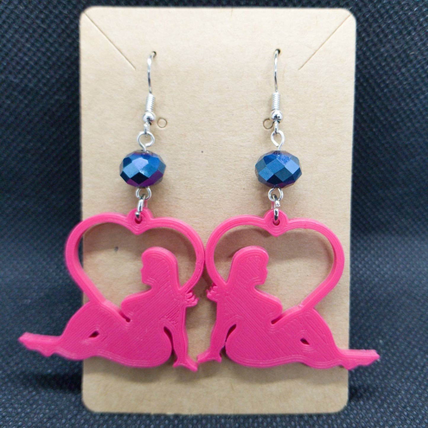 Hot Pink and Blue Curvy Pin Up Femme 3D printed dangle earrings | kitschy, cute, pinup, sexy, mudflap, plus size