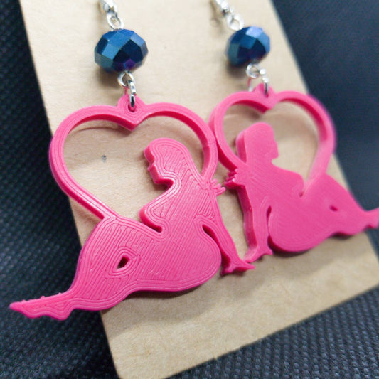 Hot Pink and Blue Curvy Pin Up Femme 3D printed dangle earrings | kitschy, cute, pinup, sexy, mudflap, plus size