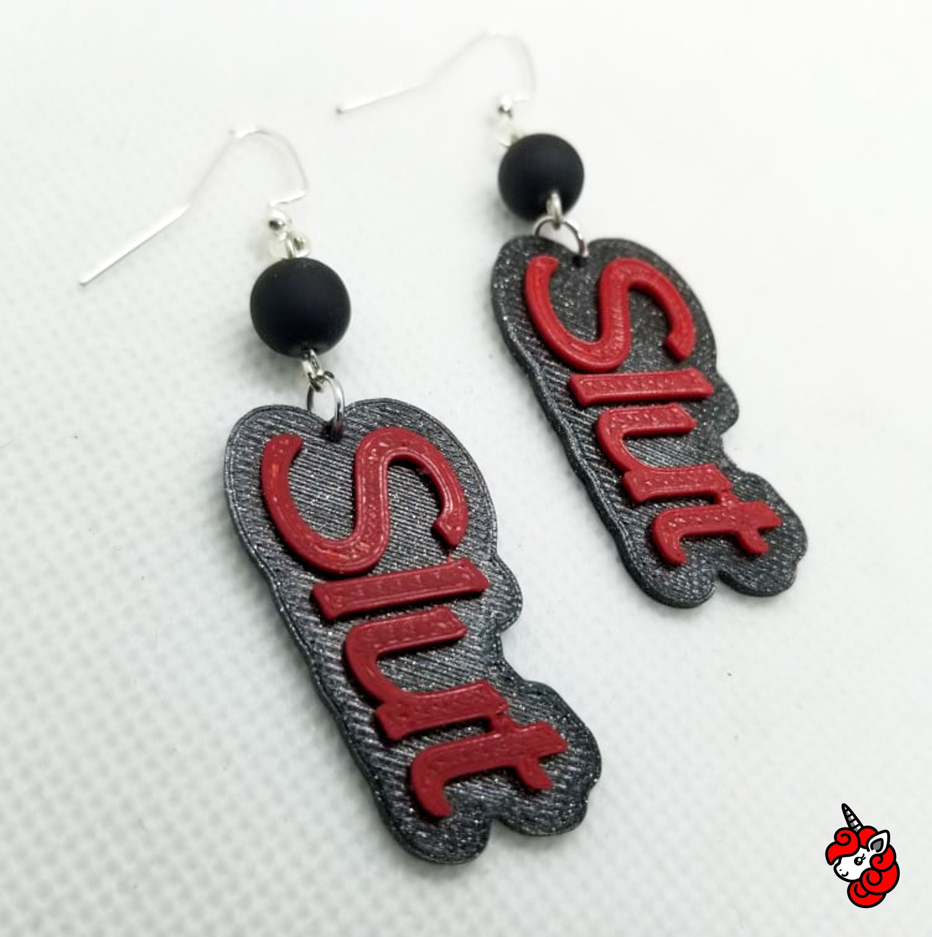 Slut earrings red, black glitter, bimbocore, pastel goth, cute,