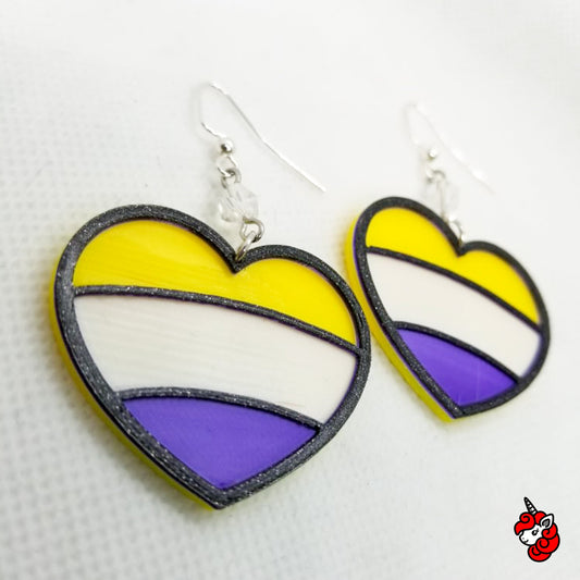glitter heart Non-Binary NB ENBY Pride flag dangle earrings  | white, purple, yellow, glitter, cute, Pride, LGBTQIA+