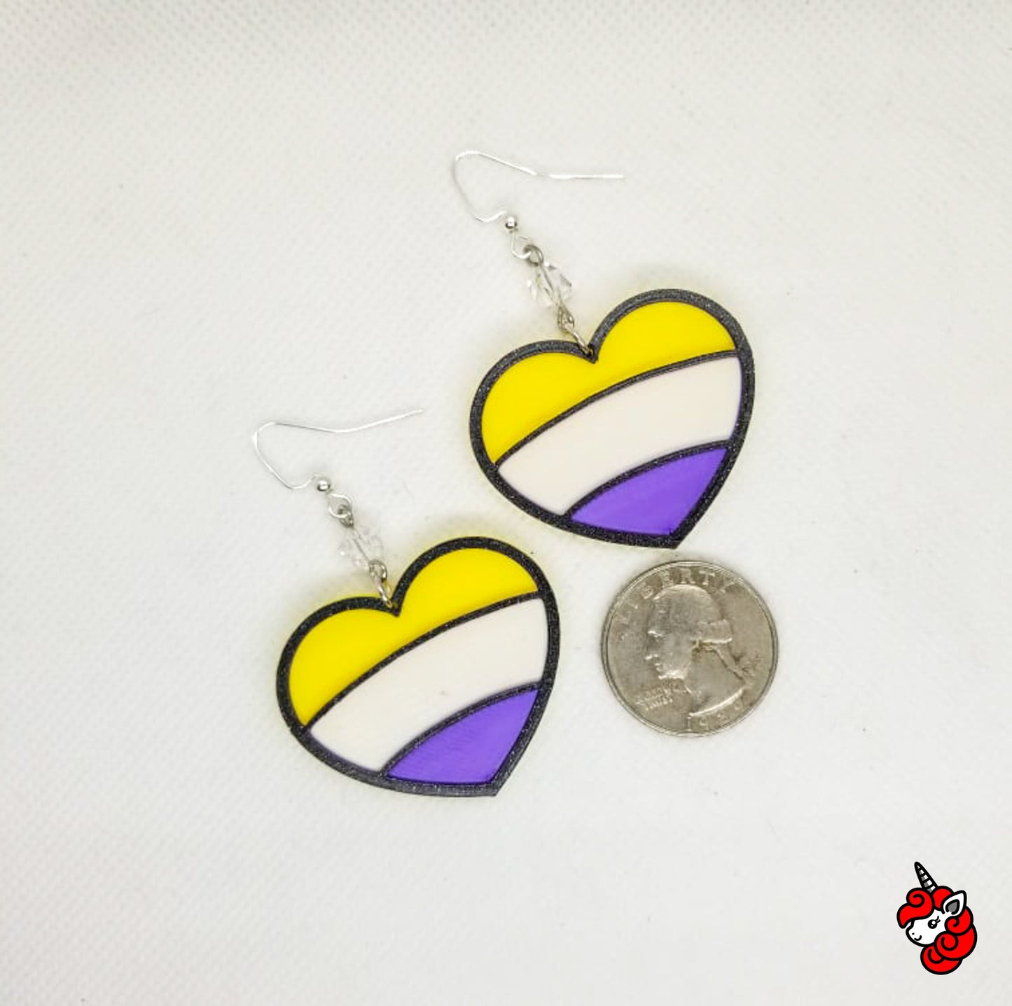 glitter heart Non-Binary NB ENBY Pride flag dangle earrings  | white, purple, yellow, glitter, cute, Pride, LGBTQIA+