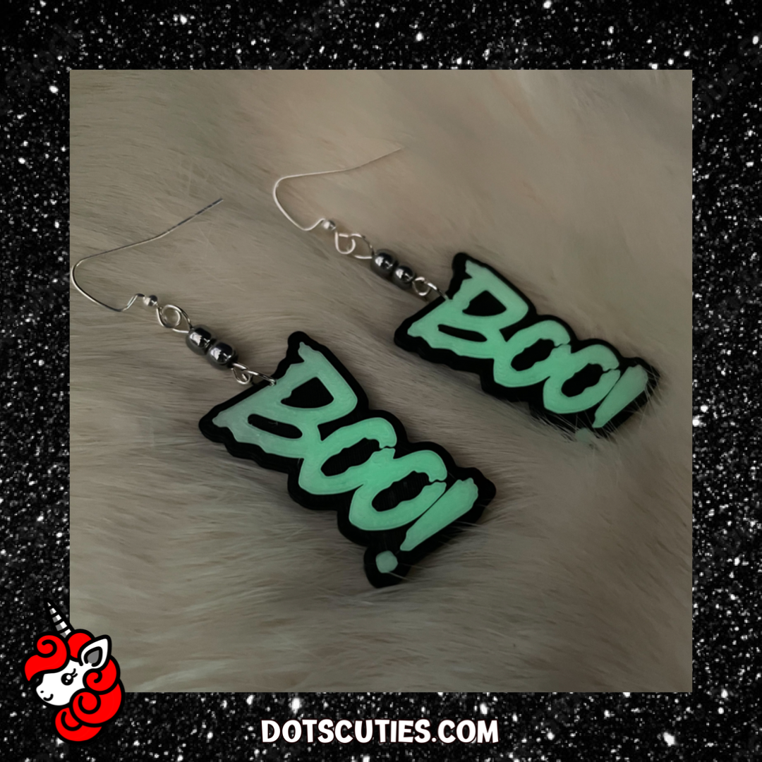 Glow in the Dark Boo! Dangle Earrings | Halloween, cute, kitschy, witch