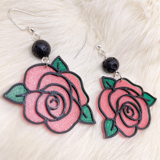 Pink Glitter Rose dangle earrings | flower, pastel goth, kitschy, cute