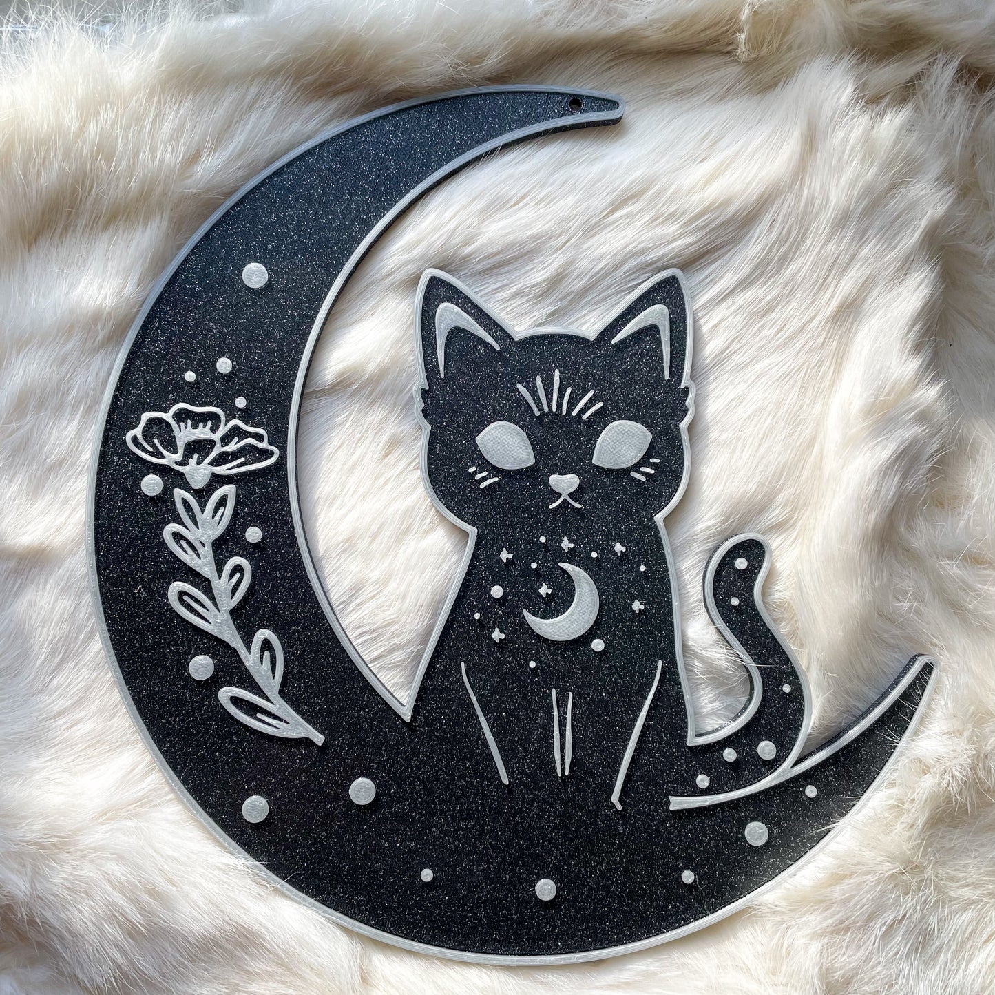 Glitter black Glow in the Dark Cat Moon Wall Art | pastel goth, cottagecore, witch