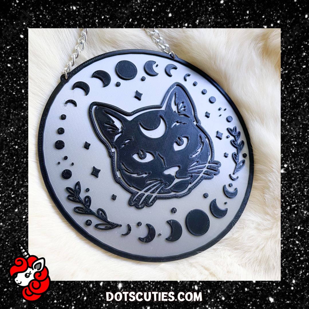 Silver and Black Cat Moon Phase wall art | witchy, halloween, goth