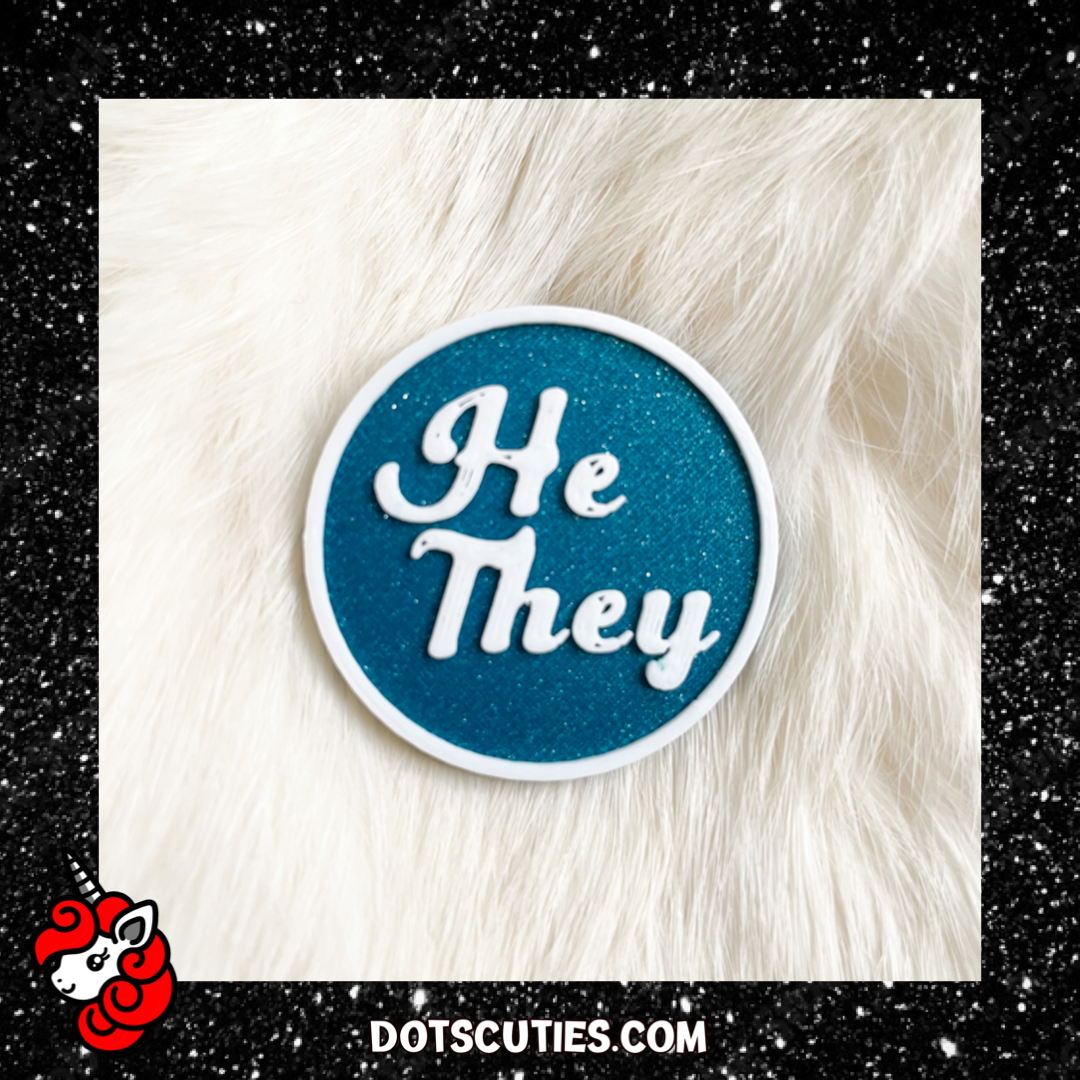 He/They Teal and White Pronoun Pin | lgbtqi+, lapel pin