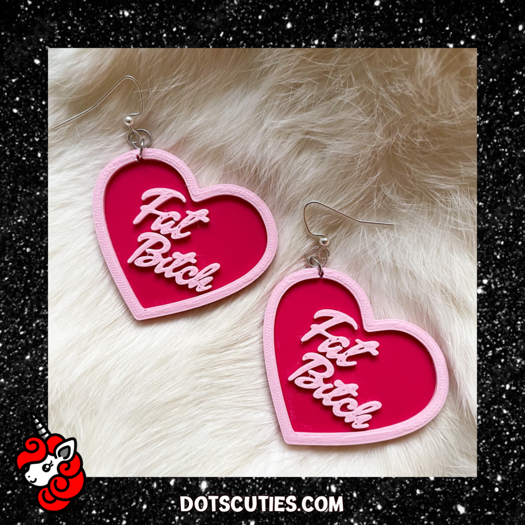 Fat B*tch pink heart dangle earrings | plus size, cute, body positive