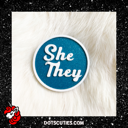 She/They Teal and White Pronoun Pin | lgbtqi+, lapel pin