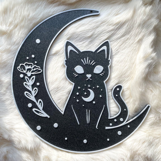 Black and White Cat Moon Wall Art | pastel goth, cottagecore, witch